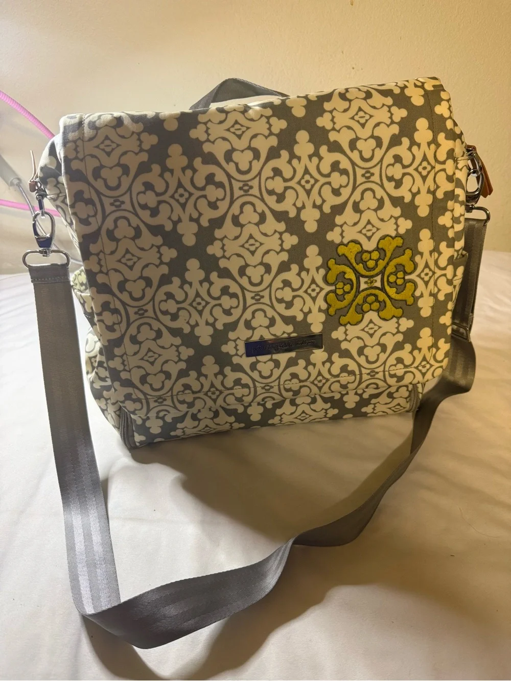 Petunia Pickle Bottom Gray and White Patterned messenger Diaper Bag